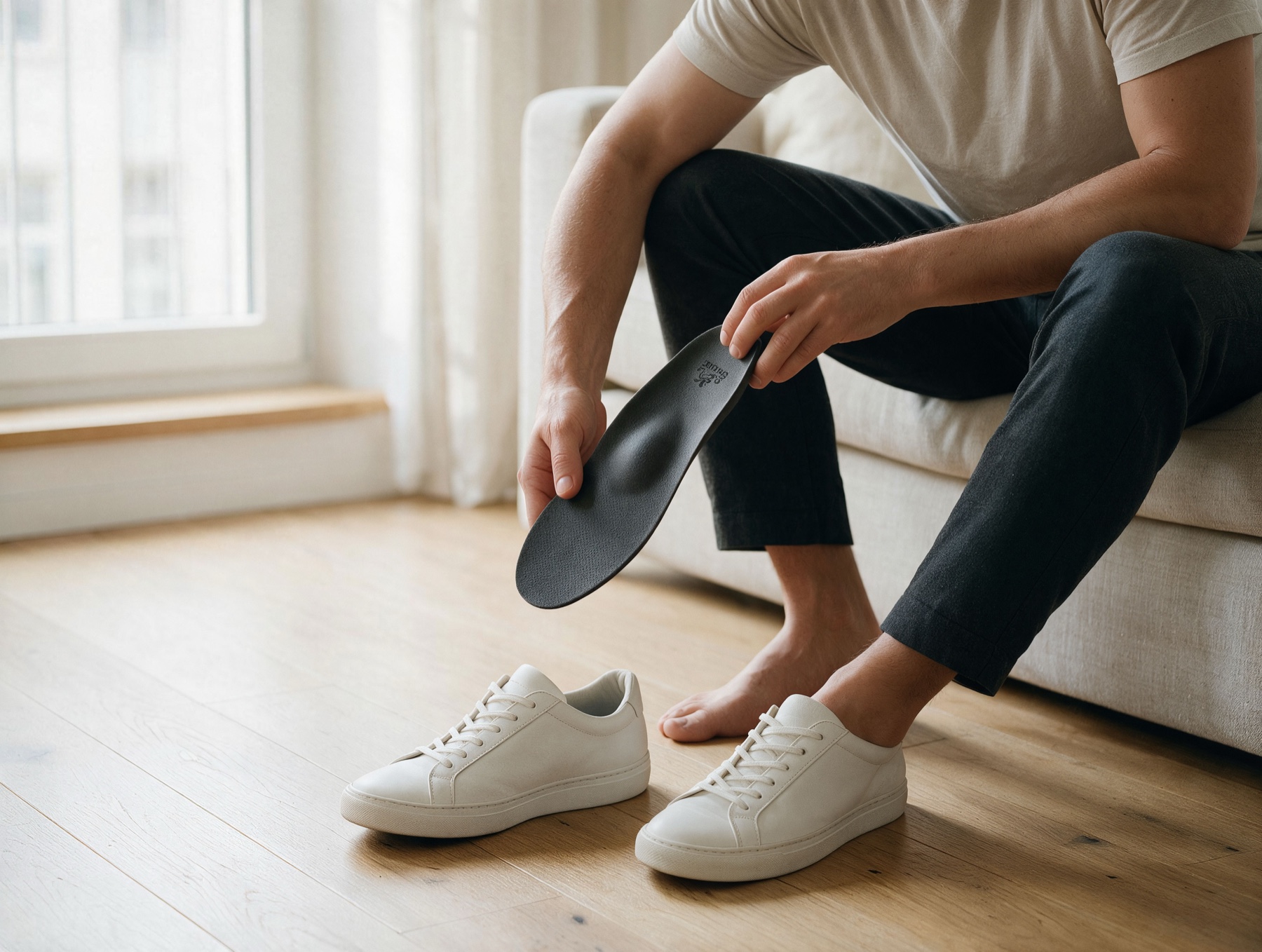 Mann sitzt zu Hause auf dem Sofa und prueft die Einlage in seinem Schuh